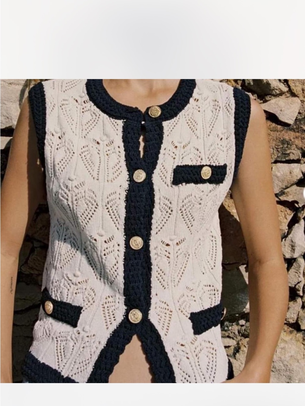 Zara Cream and Black Crocheted Sleeveless Cardigan Vest